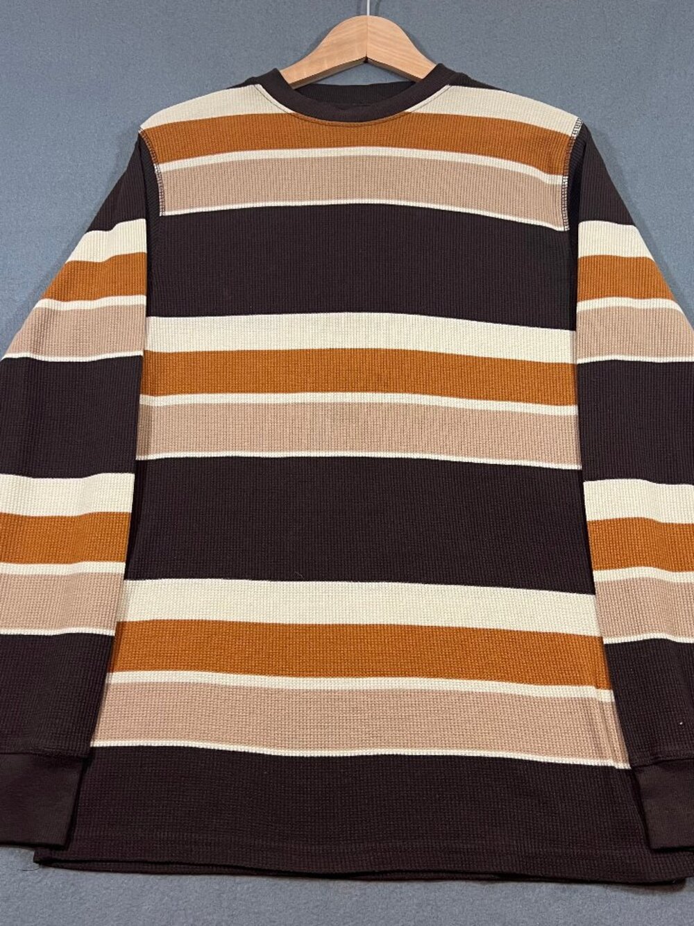 Brooklyn State Mens MED Brown Striped Waffle Knit Thermal Shirt Long Sleeve